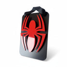 Χειροποίητο καδράκι Spiderman-style με κόκκινη πλεξιγκλάς αράχνη πάνω σε μαύρη ξύλινη βάση, 25×17 εκ.