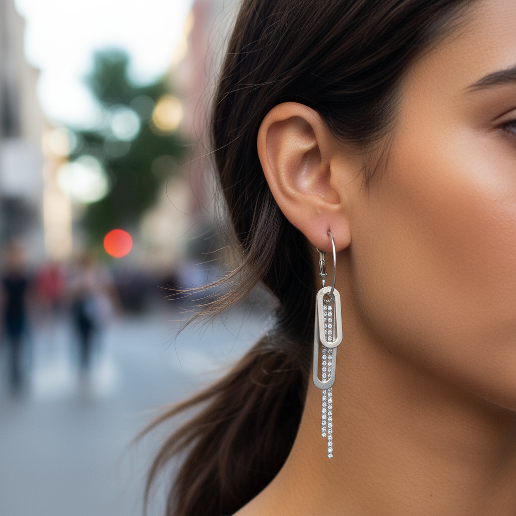 Paperclip Glam Earrings – Ατσάλινα Κρίκοι με Charms & Κρύσταλλα | So Cute by Dimi