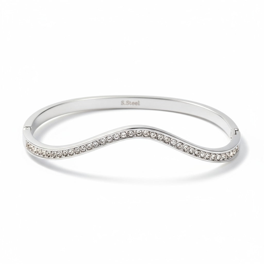 Ατσάλινο βραχιόλι με κυματιστή γραμμή και ζιργκόν – Crystal Wave Bangle