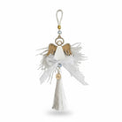 Χειροποίητο γούρι άγγελος με ξύλο, λευκό plexiglass, στρας και λευκή φούντα – So Cute by Dimi