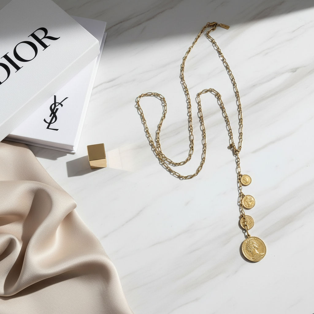 Aelia Coins Y-Chain – Μακρύ ατσάλινο κολιέ 106εκ με κρεμαστές λίρες σε Y-shape, σε silver ή gold.