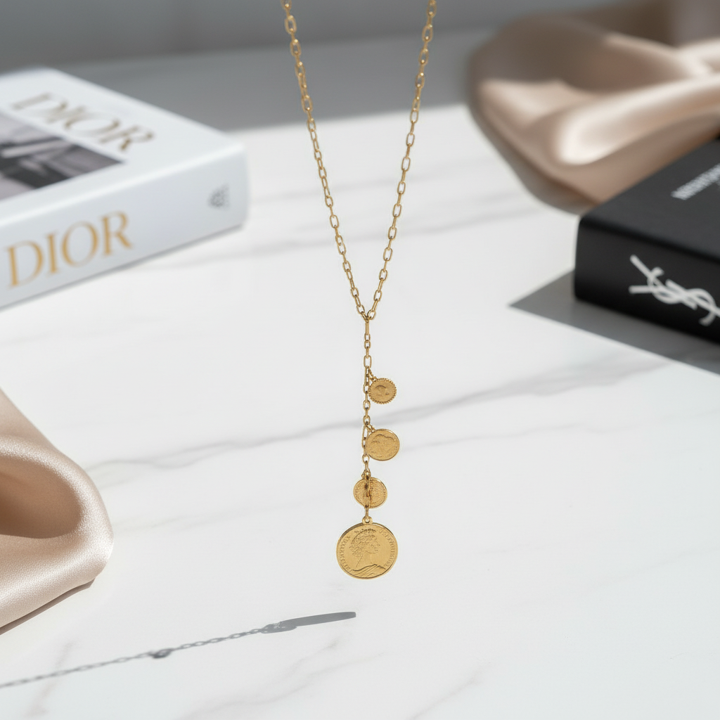 Aelia Coins Y-Chain – Μακρύ ατσάλινο κολιέ 106εκ με κρεμαστές λίρες σε Y-shape, σε silver ή gold.