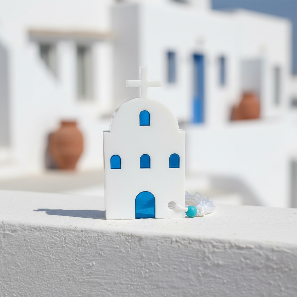 Μικρό επιτραπέζιο γούρι εκκλησάκι από πλεξιγκλάς με μπλε λεπτομέρειες και φούντα – So Cute by Dimi"