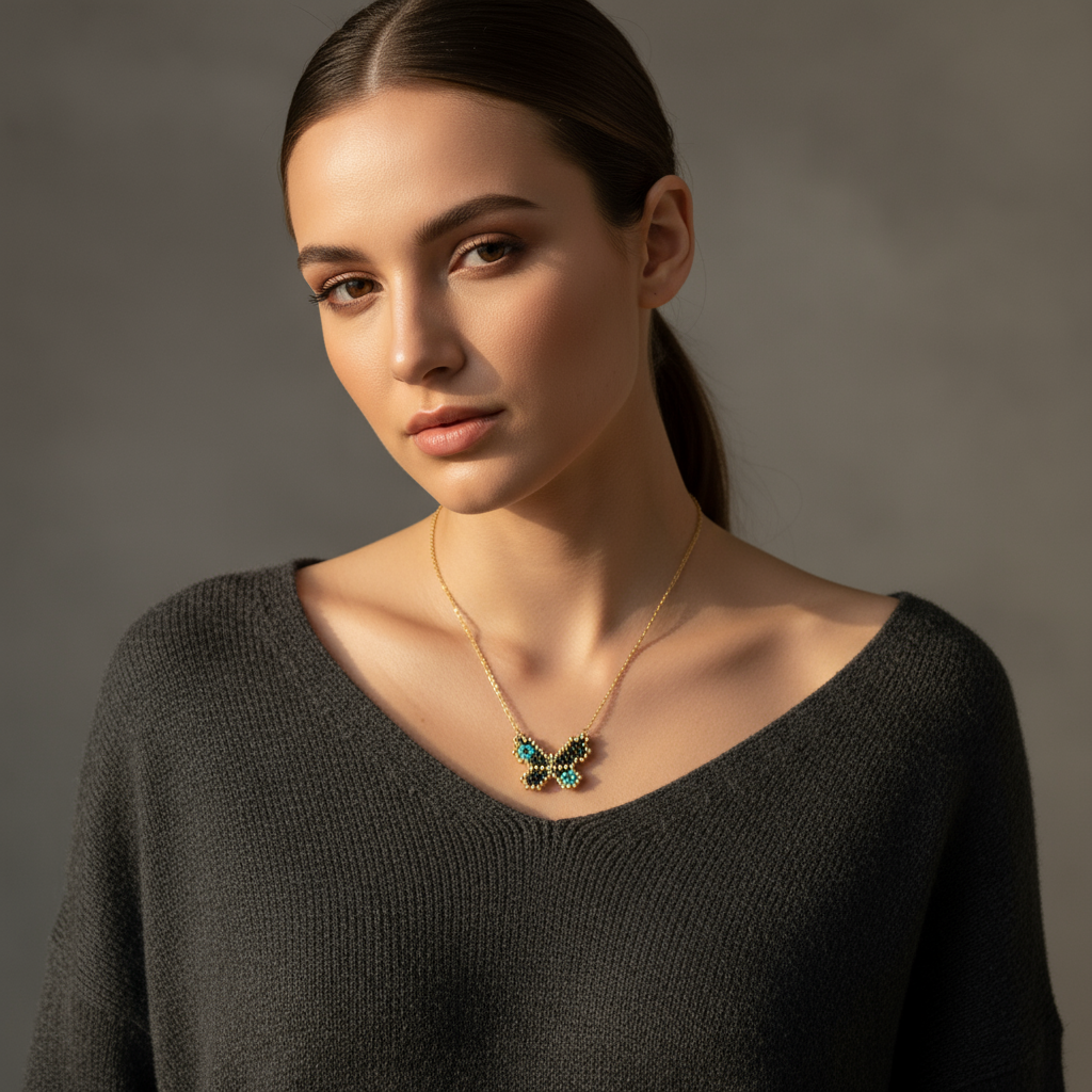 Κολιέ Butterfly Eye με πεταλούδα & μάτι από χάντρες Miyuki σε ατσάλινη αλυσίδα – So Cute by Dimi