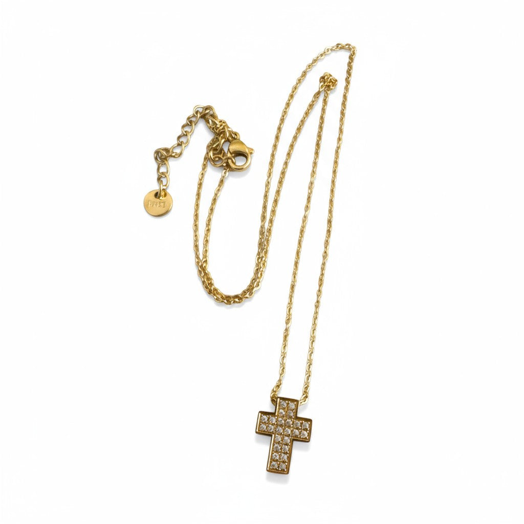 Luxe Pavé Cross Necklace – Ατσάλινο Κολιέ Σταυρός με Ζιργκόν | So Cute by Dimi