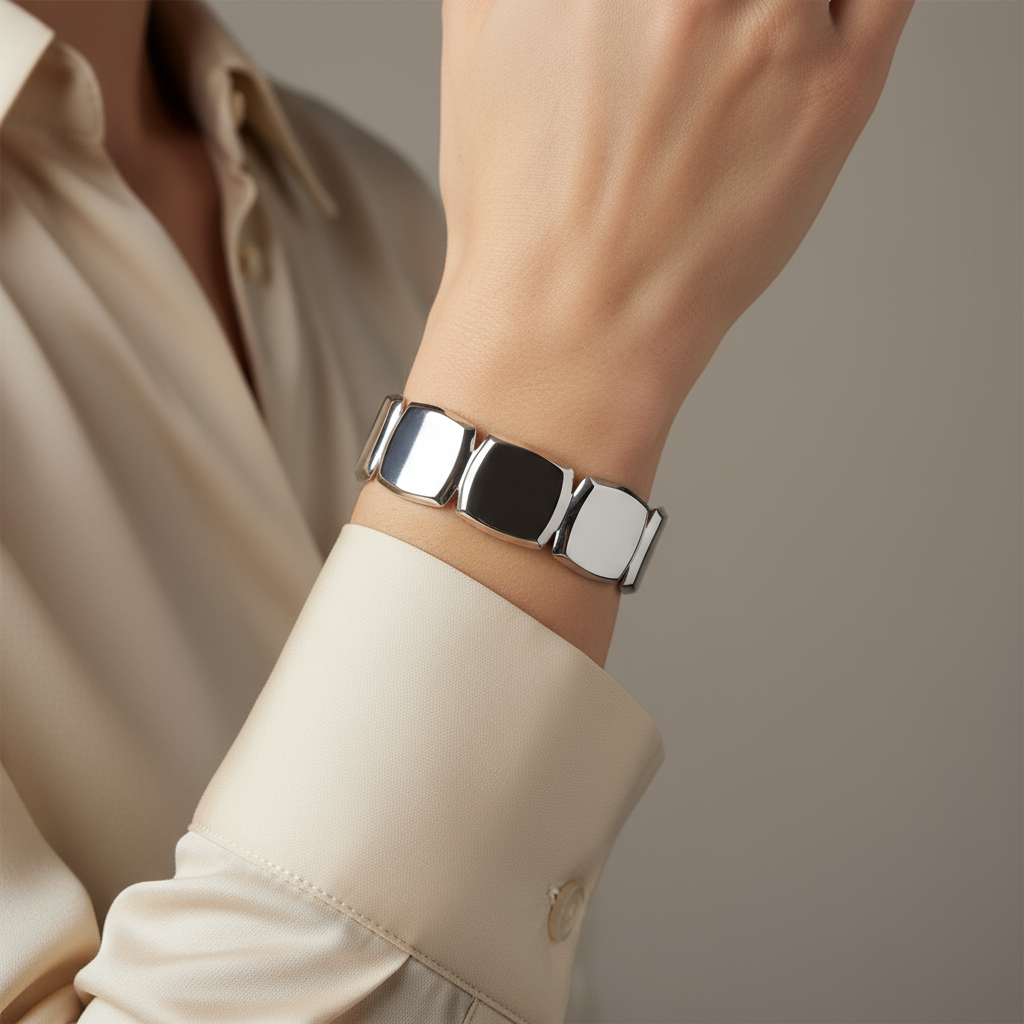 Ατσάλινο cuff βραχιόλι με γεωμετρικές πλάκες – Bold Mosaic Cuff