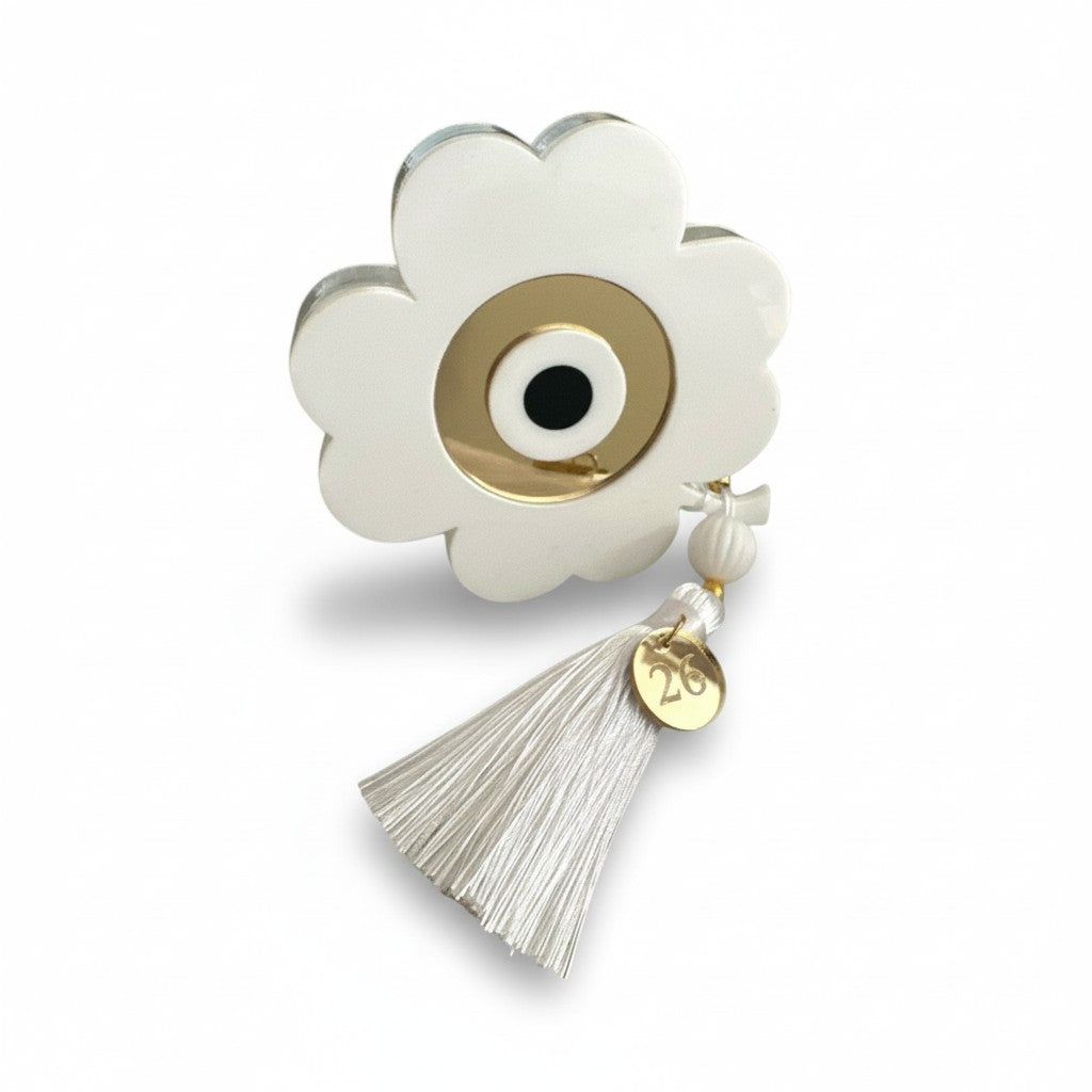 Χειροποίητο γούρι τετράφυλλο τριφύλλι με φούντα από plexiglass και καθρέφτη – So Cute by Dimi