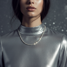 Person wearing a silver outfit with a necklace against a dark background