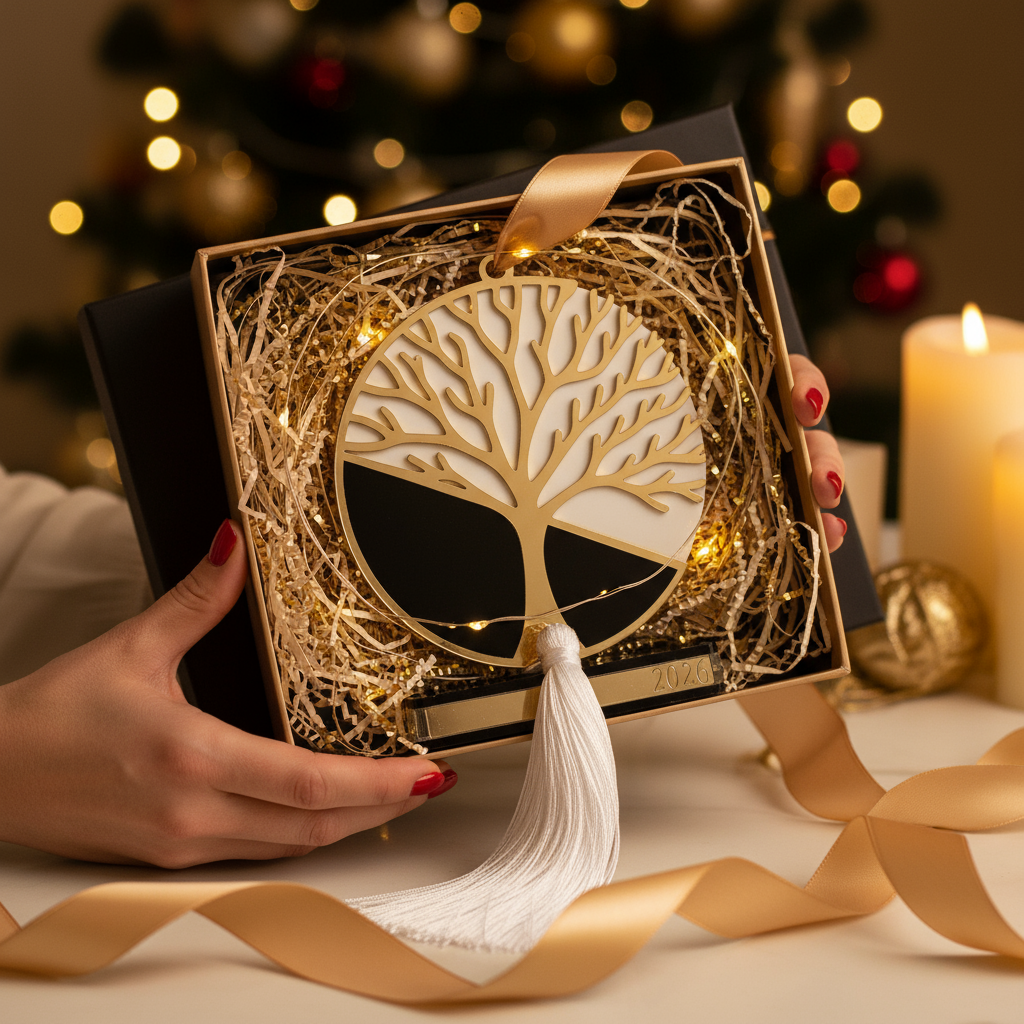 Plexiglass γούρι Tree of Life 2026 σε μαύρο-λευκό-χρυσό με λευκή φούντα — So Cute by Dimi