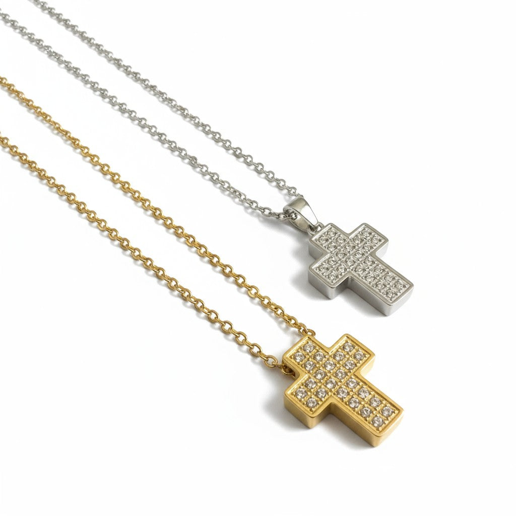 Luxe Pavé Cross Necklace – Ατσάλινο Κολιέ Σταυρός με Ζιργκόν - So Cute by Dimi