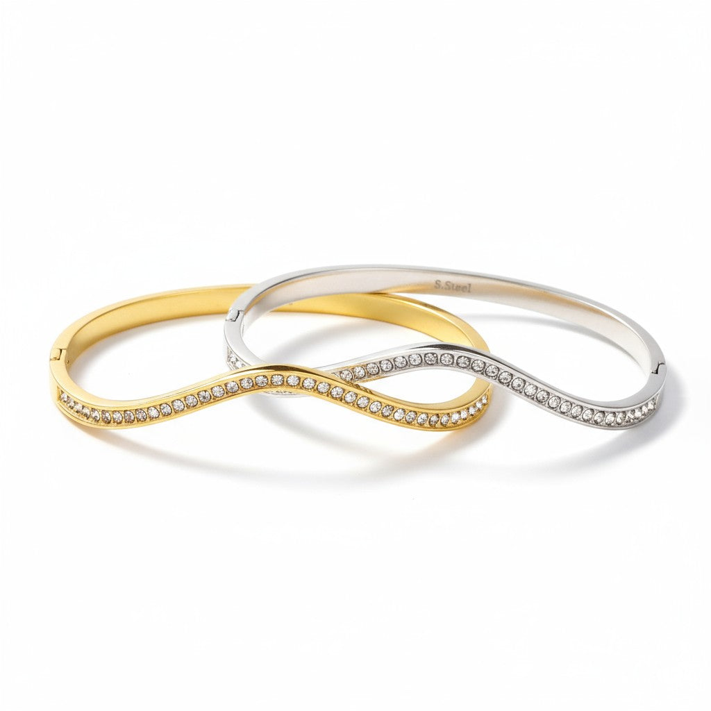 Ατσάλινο βραχιόλι με κυματιστή γραμμή και ζιργκόν – Crystal Wave Bangle