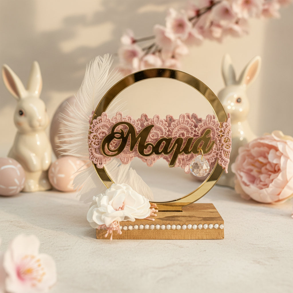 Χειροποίητο διακοσμητικό ‘Μαμά’ με χρυσό στεφάνι, δαντέλα, φτερό και λουλούδια σε ξύλινη βάση με κρυσταλλάκια