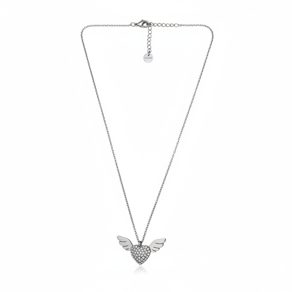 Stainless steel angel wing heart necklace with rhinestones in silver – So Cute by Dimi.