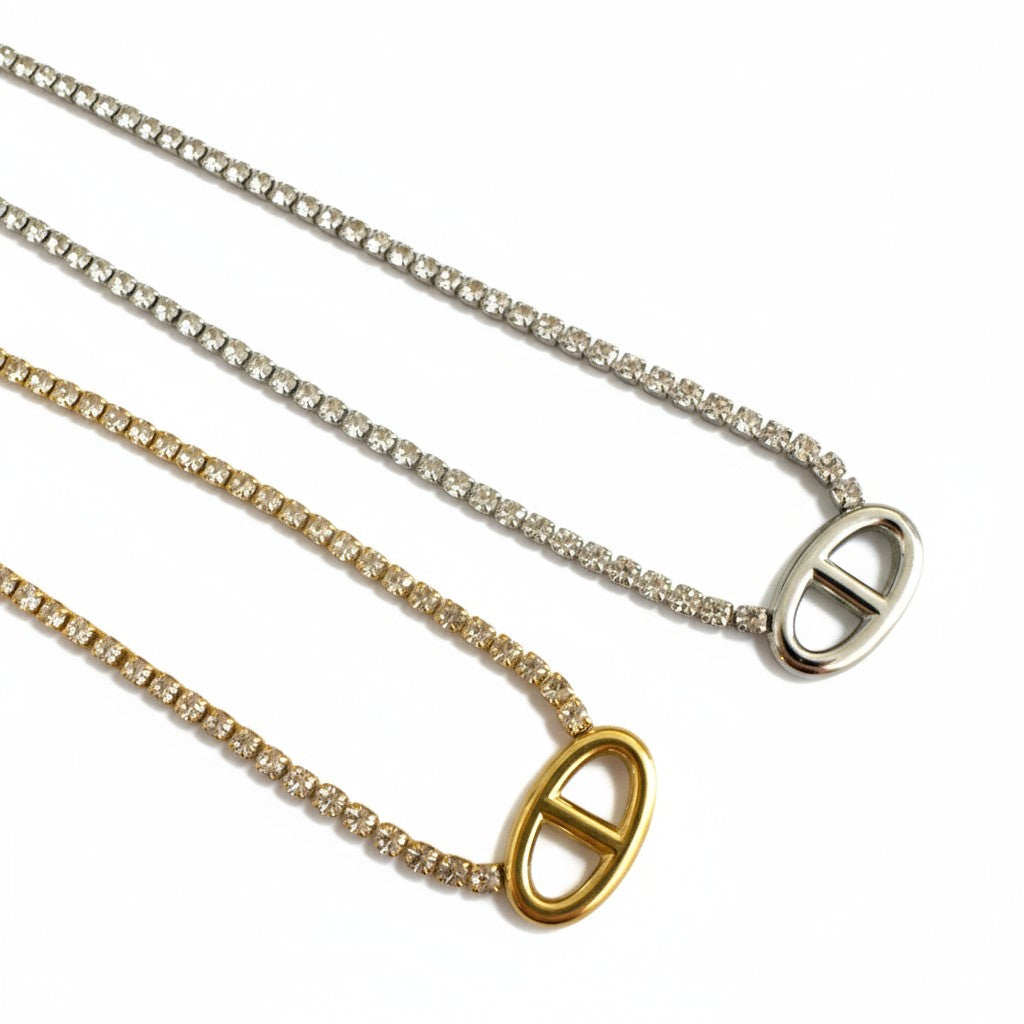 Ατσάλινo κολιέ με στρας σε χρυσό ή ασημι χρώμα και μοτίφ οβάλ -So Cute by DImi