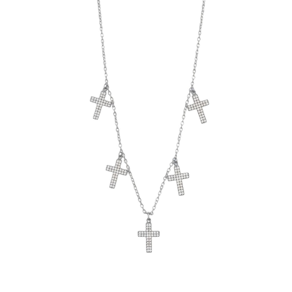 Ατσάλινο κολιέ με πέντε σταυρούς και ζιργκόν – Crystal Cross Charm Necklace So Cute by Dimi