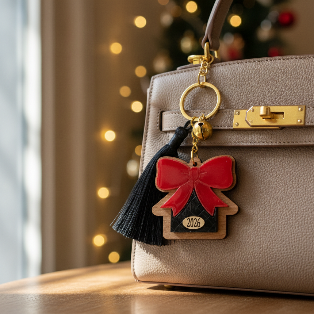 Χειροποίητο μπρελόκ γούρι 2026 με ξύλινο σπίτι, κόκκινο plexi φιόγκο, μαύρη φουντίτσα και χρυσό κουδουνάκι.