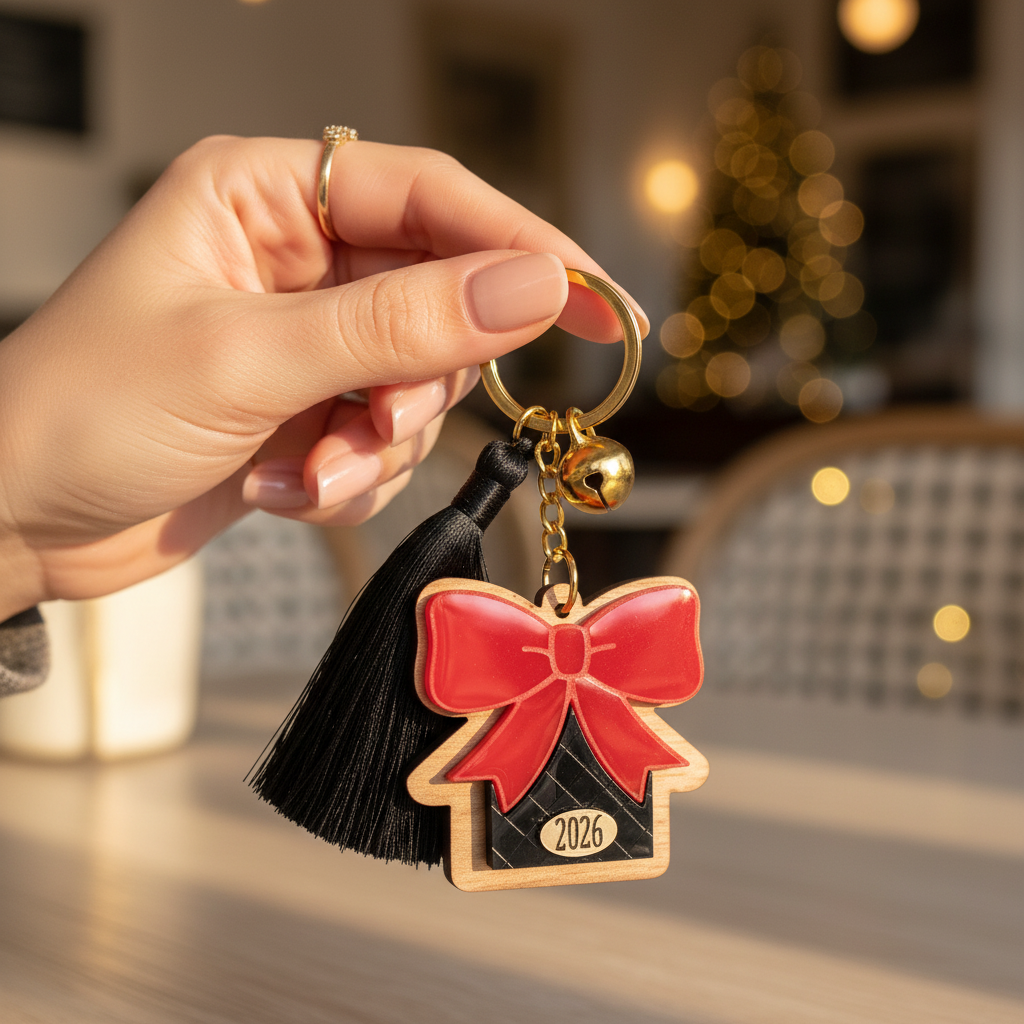 Χειροποίητο μπρελόκ γούρι 2026 με ξύλινο σπίτι, κόκκινο plexi φιόγκο, μαύρη φουντίτσα και χρυσό κουδουνάκι.