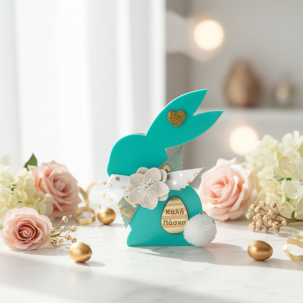 Χειροποίητο πασχαλινό λαγουδάκι σε μέντα, με κορδέλες, λουλούδι, glitter καρδιά και αυγό «Καλό Πάσχα».