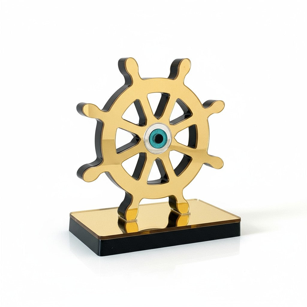 Χειροποίητο γούρι τιμόνι πλοίου με μάτι από πλεξιγκλάς καθρέφτη σε χρυσό ή ασημί, επιτραπέζιο διακοσμητικό So Cute by Dimi.