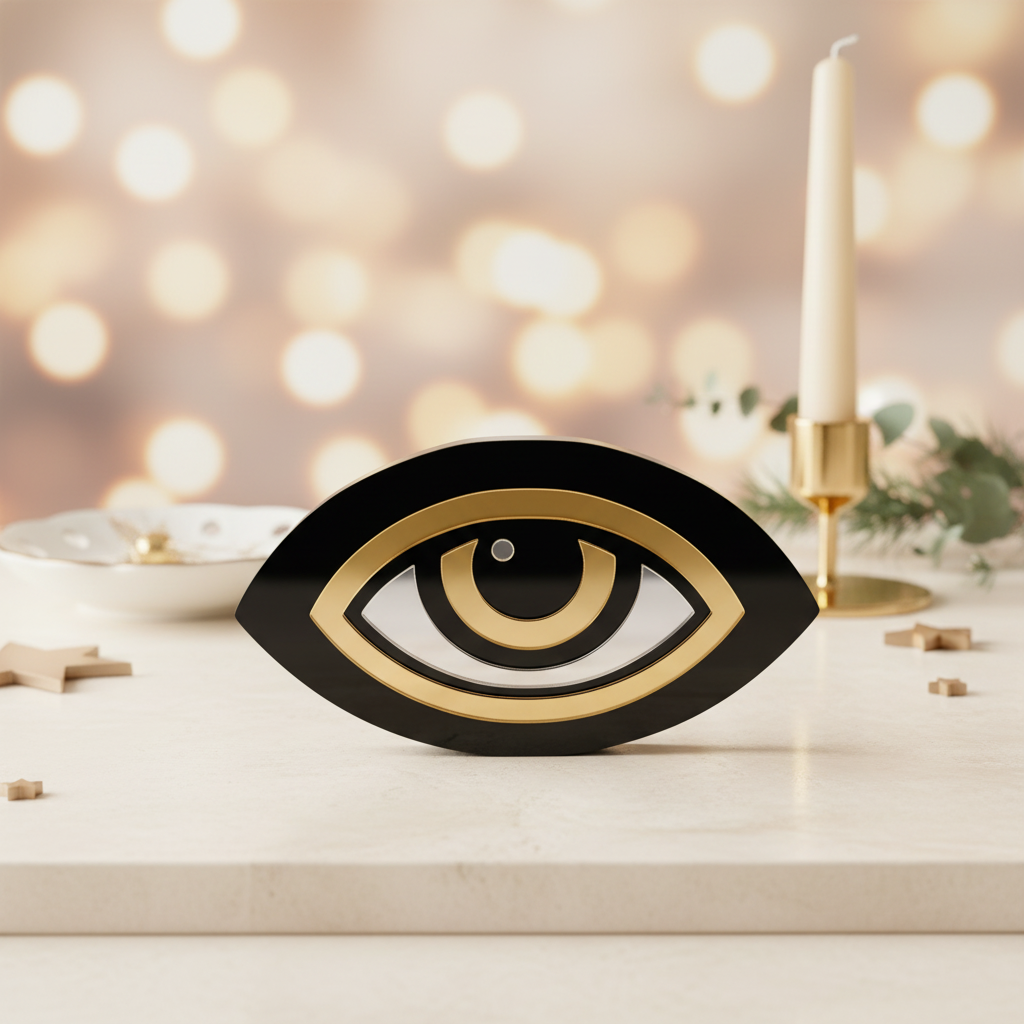 Γούρι μάτι από μαύρο πλεξιγκλάς με χρυσό & ασημί καθρέφτη – So Cute by Dimi