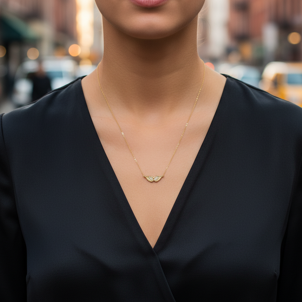 Delicate stainless steel necklace with small angel wing pendant in goldr – So Cute by Dimi.