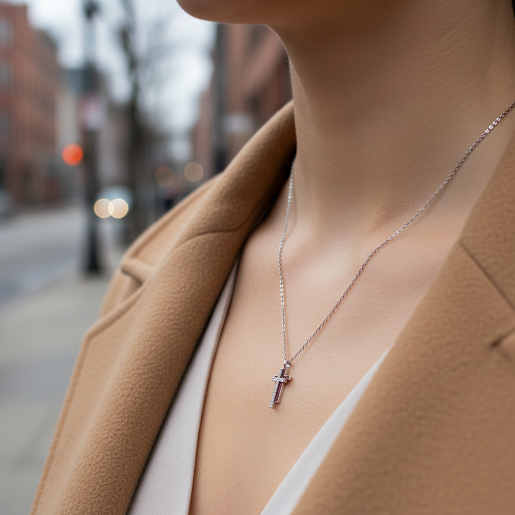 Stainless steel double-cross necklace with crystals in silver – So Cute by Dimi.