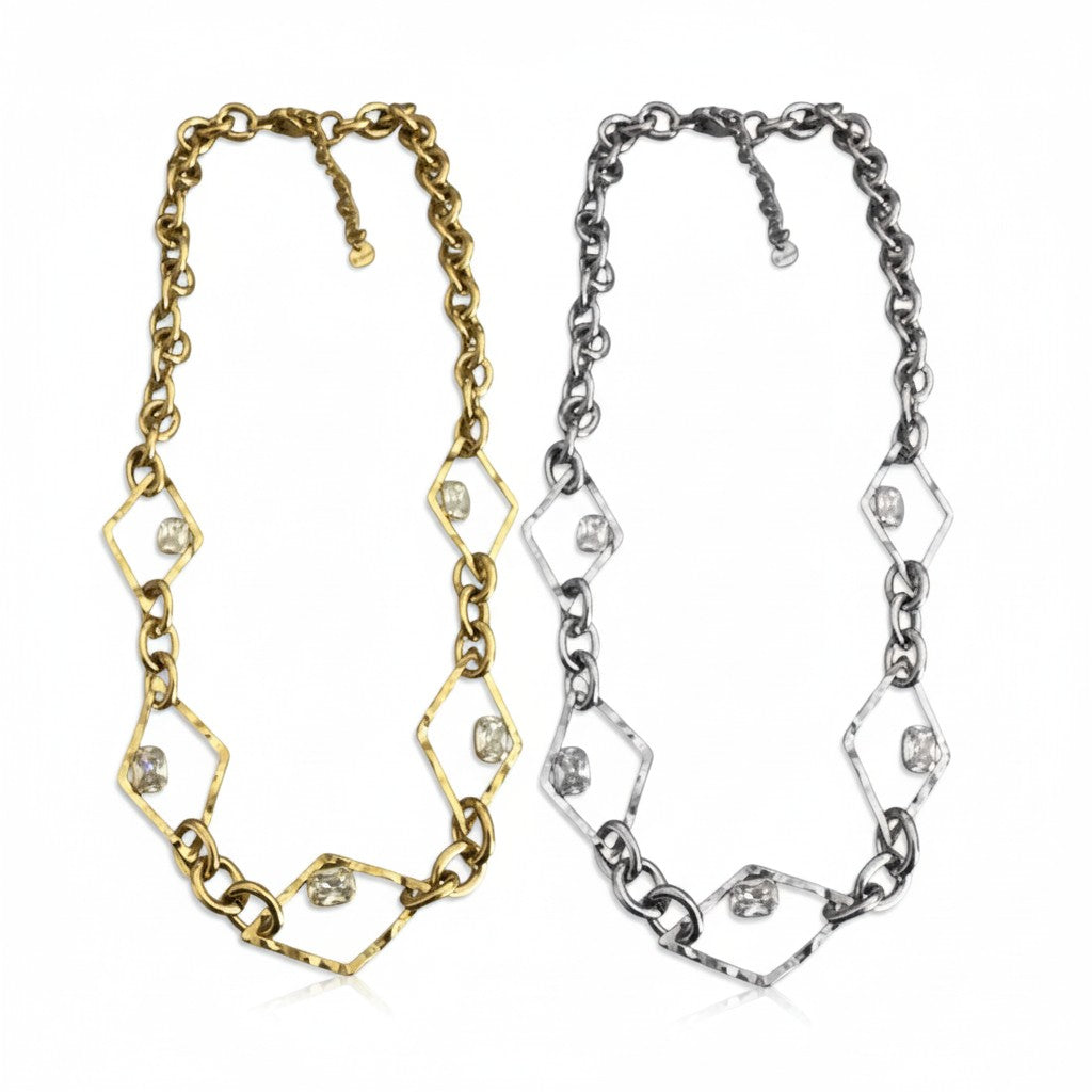 Rhombus Glow Necklace – Ατσάλινο κολιέ με ρομβοειδείς συνδέσμους και ζιργκόν σε ασημί και χρυσό, So Cute by Dimi