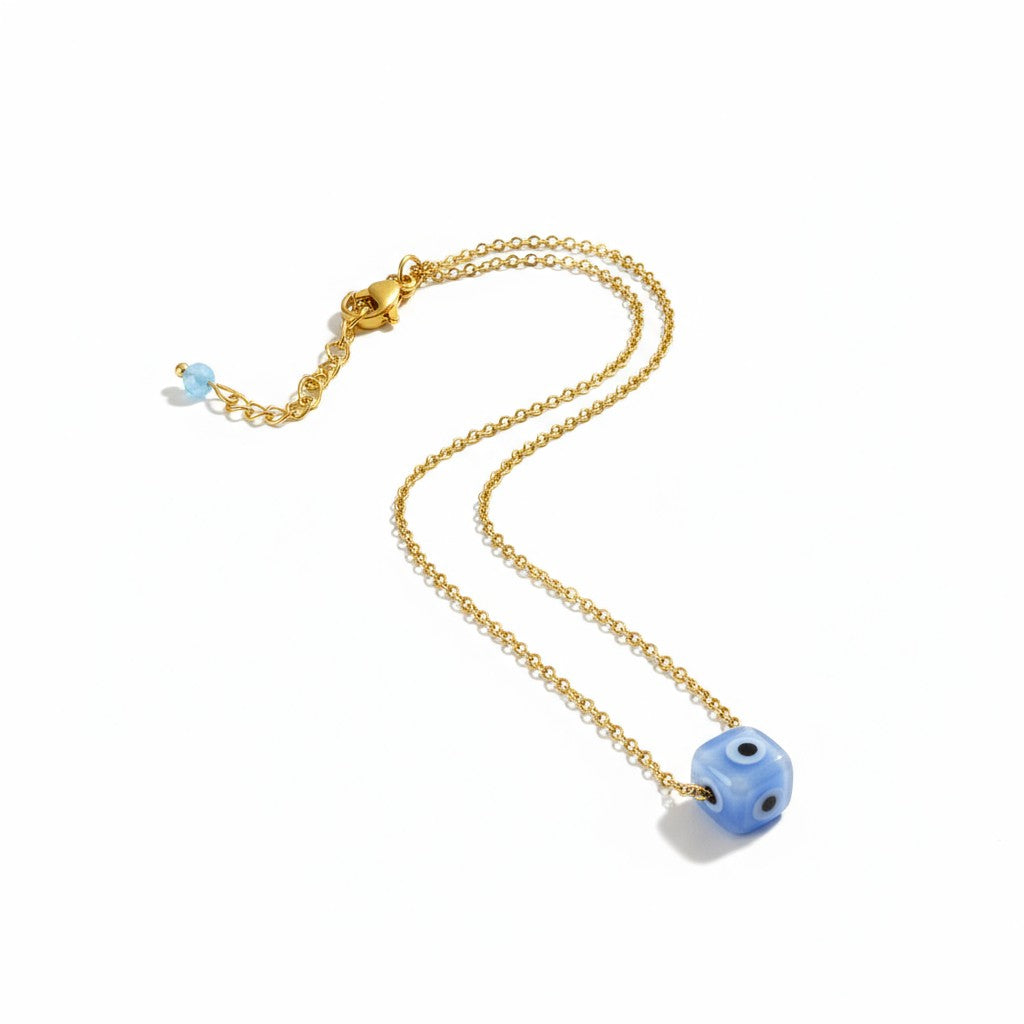 Κολιέ με κυβάκι πορσελάνης μάτι και ατσάλινη αλυσίδα – So Cute by Dimi