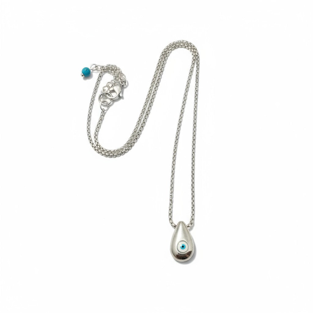 Ανδρικό ατσάλινο κολιέ με δάκρυ-ματάκι από ορείχαλκο σε ασημί χρώμα. So Cute by DImi