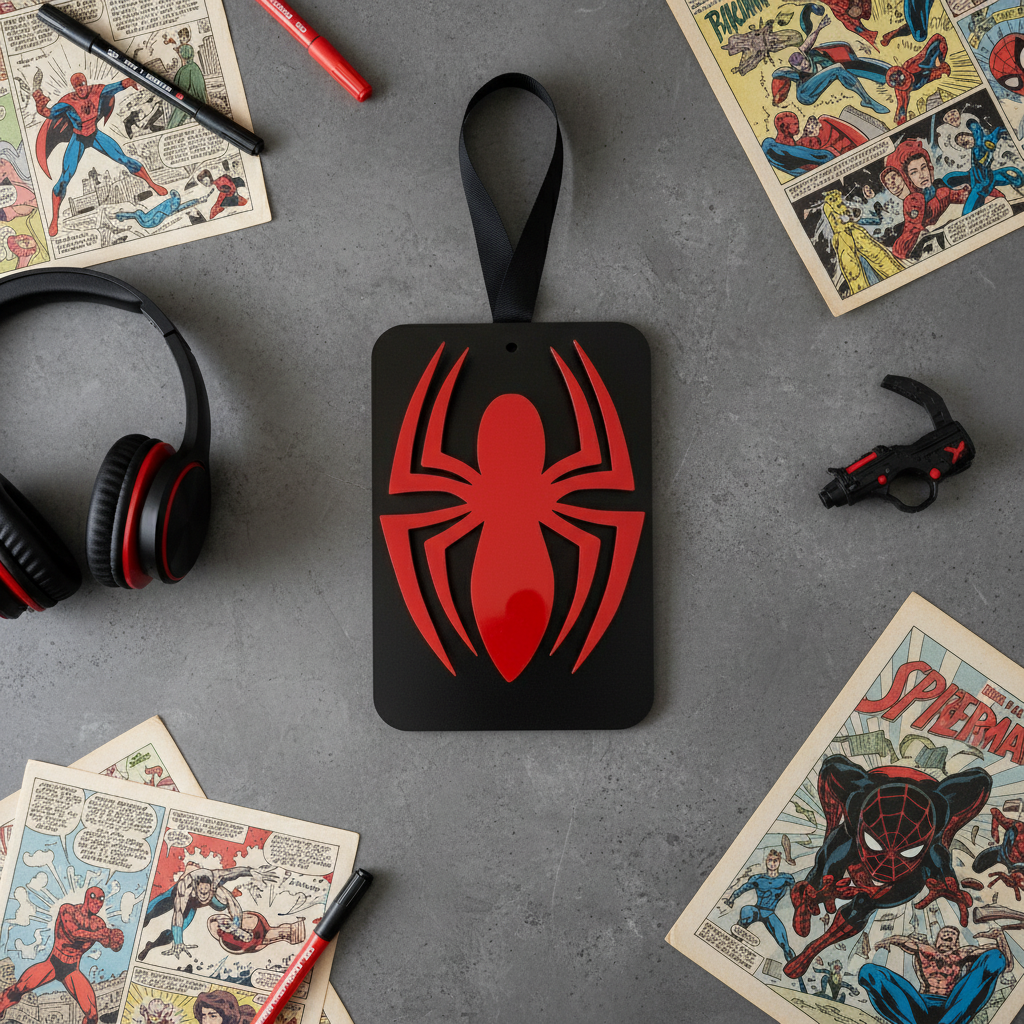 Χειροποίητο καδράκι Spiderman-style με κόκκινη πλεξιγκλάς αράχνη πάνω σε μαύρη ξύλινη βάση, 25×17 εκ.