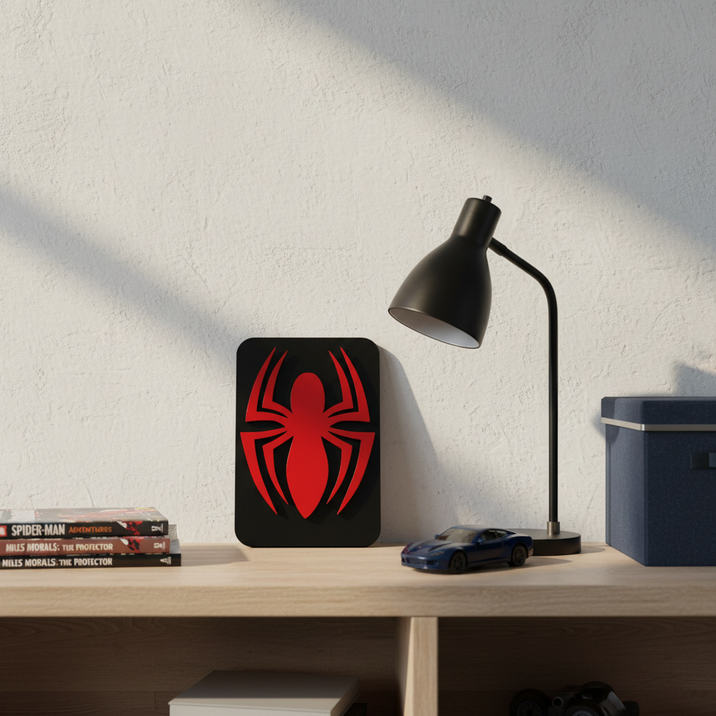 Χειροποίητο καδράκι Spiderman-style με κόκκινη πλεξιγκλάς αράχνη πάνω σε μαύρη ξύλινη βάση, 25×17 εκ.