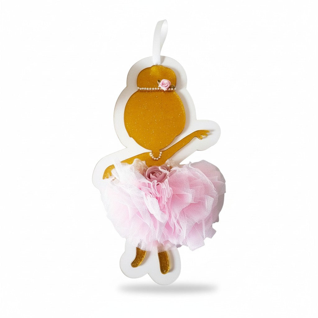 Χειροποίητο ξύλινο κάδρο μπαλαρίνα με τούλι, πέρλες και λουλούδια σε ροζ-χρυσές αποχρώσεις – So Cute by Dimi