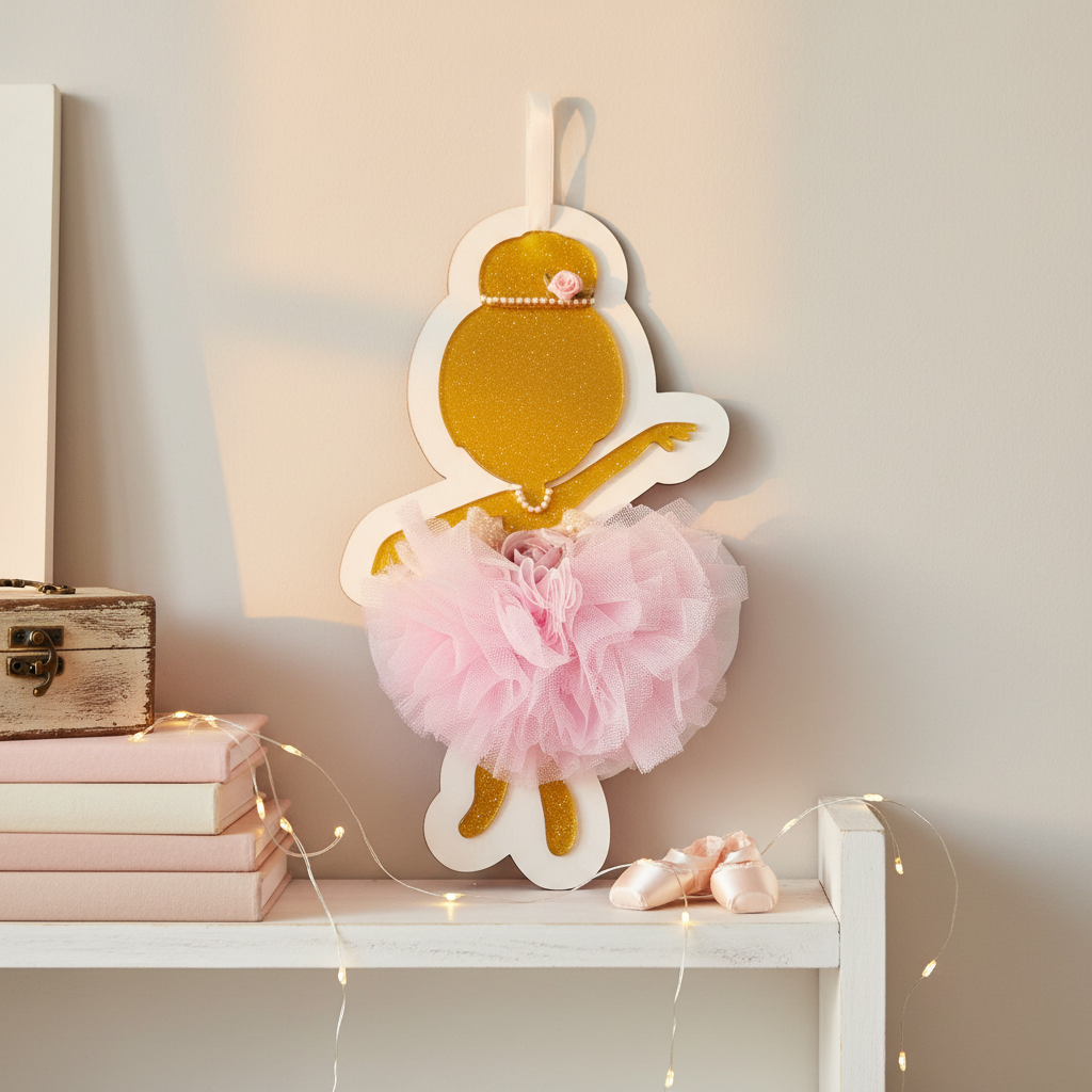 Χειροποίητο ξύλινο κάδρο μπαλαρίνα με τούλι, πέρλες και λουλούδια σε ροζ-χρυσές αποχρώσεις – So Cute by Dimi