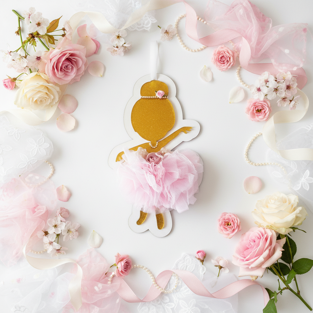 Χειροποίητο ξύλινο κάδρο μπαλαρίνα με τούλι, πέρλες και λουλούδια σε ροζ-χρυσές αποχρώσεις – So Cute by Dimi