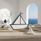 Χειροποίητο επιτραπέζιο γούρι καραβάκι από πλεξιγκλάς με μπλε, λευκές και χρυσές λεπτομέρειες, So Cute by Dimi.