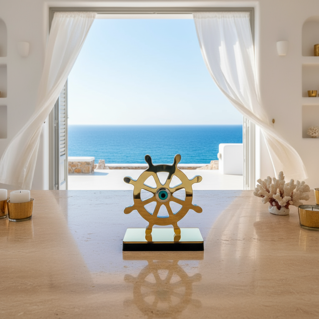Χειροποίητο γούρι τιμόνι πλοίου με μάτι από πλεξιγκλάς καθρέφτη σε χρυσό ή ασημί, επιτραπέζιο διακοσμητικό So Cute by Dimi.
