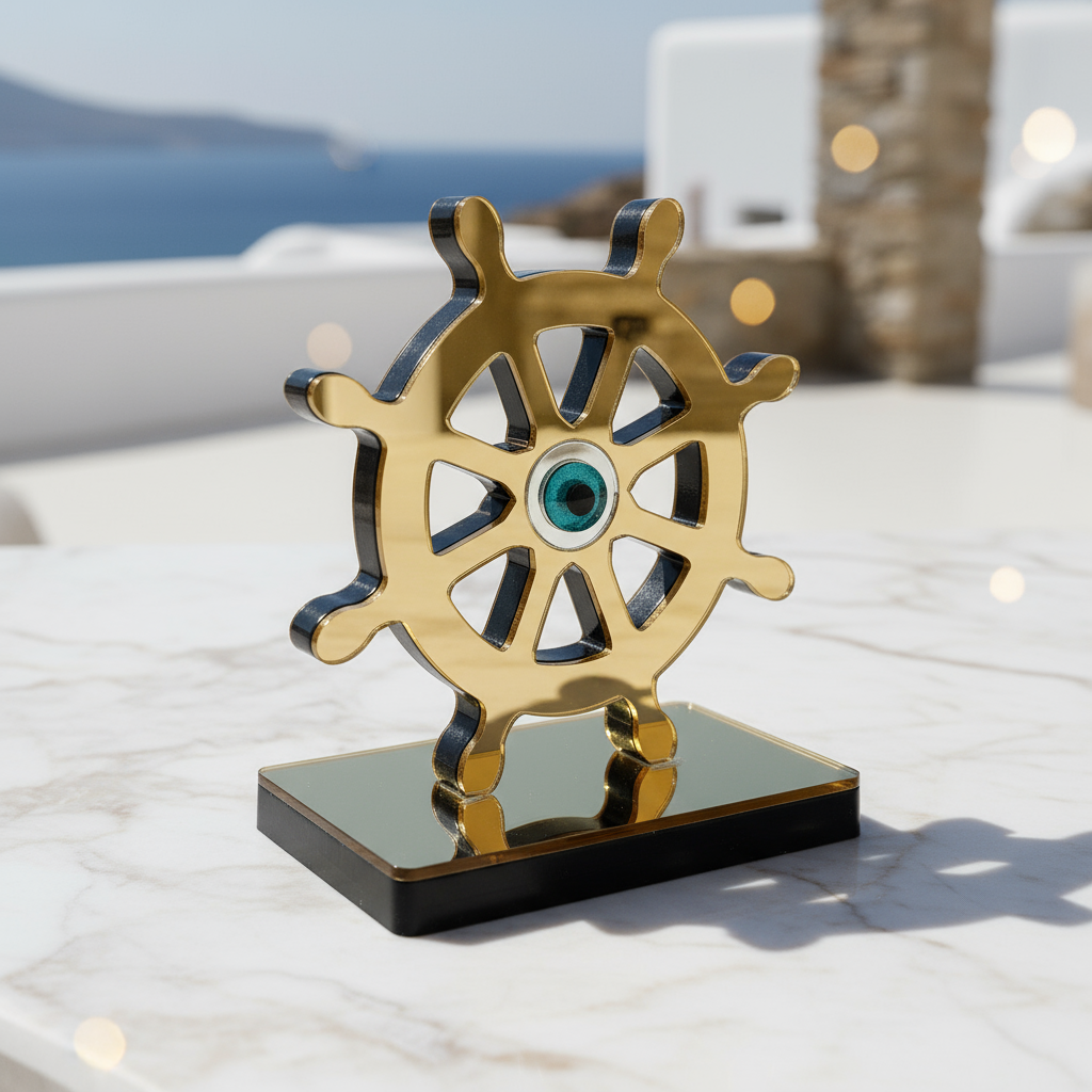 Χειροποίητο γούρι τιμόνι πλοίου με μάτι από πλεξιγκλάς καθρέφτη σε χρυσό ή ασημί, επιτραπέζιο διακοσμητικό So Cute by Dimi.