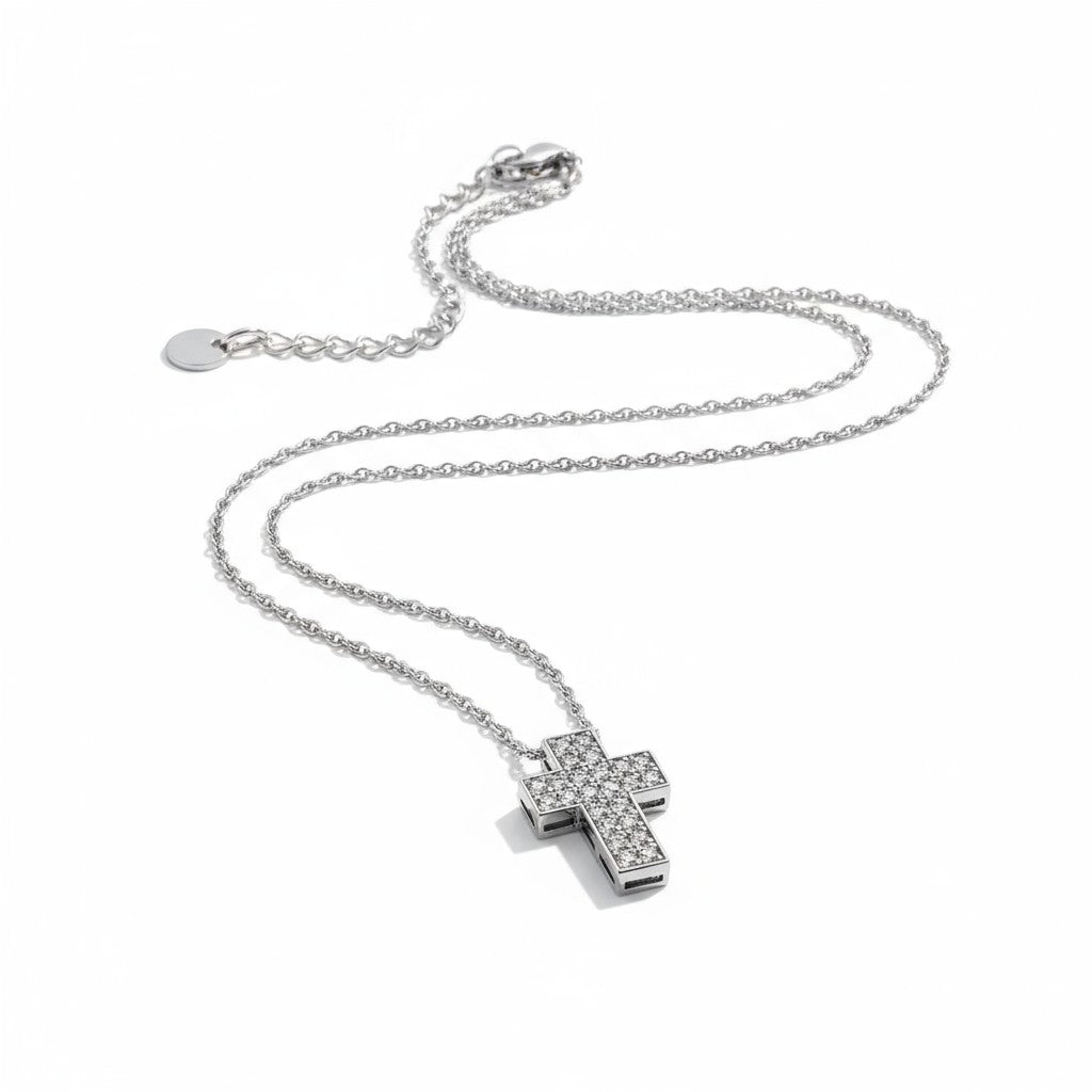 Luxe Pavé Cross Necklace – Ατσάλινο Κολιέ Σταυρός με Ζιργκόν | So Cute by Dimi