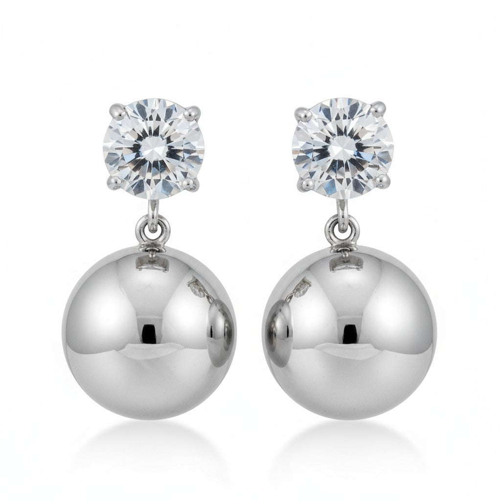 Ατσάλινα Σκουλαρίκια με Ζιργκόν & Στρογγυλή Μεταλλική Σφαίρα | So Cute By Dimi