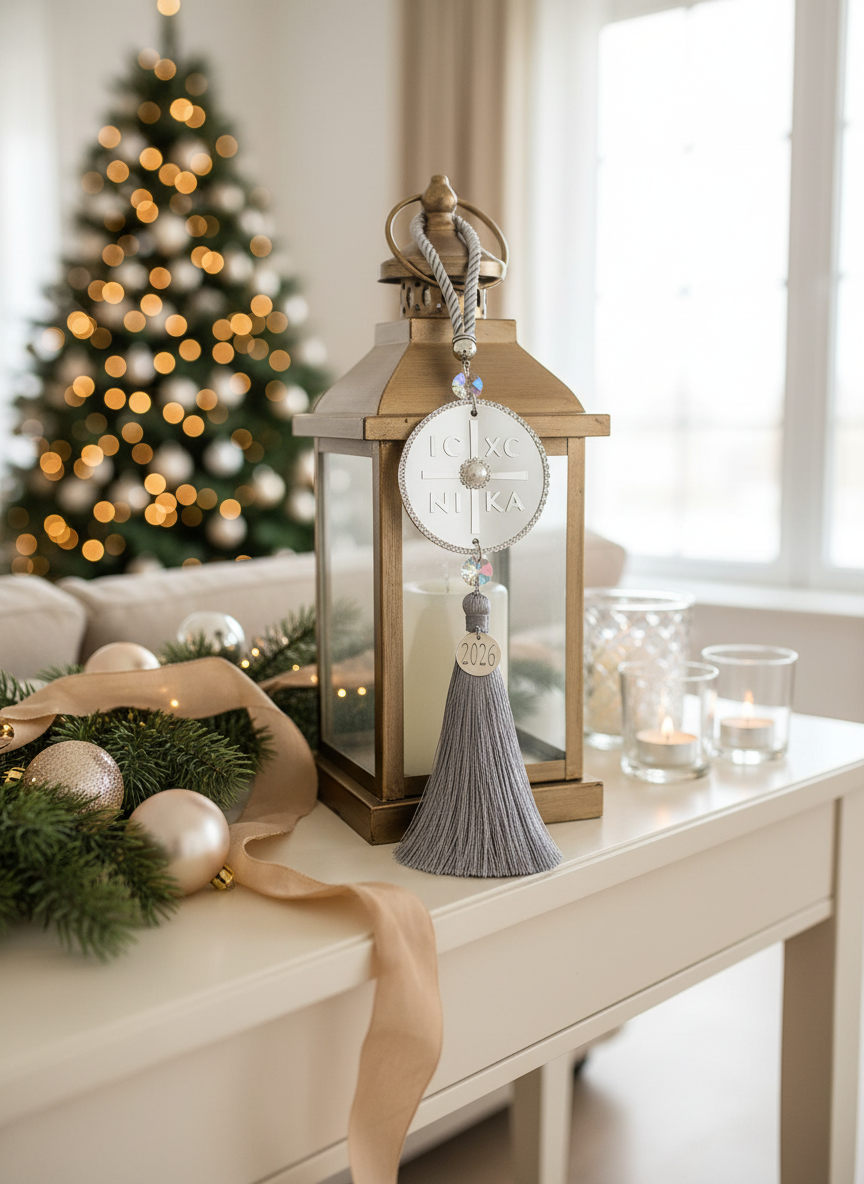 Ασημί γούρι IC XC NIKA σε κοντινή λήψη πάνω σε γιορτινό glam φόντο.