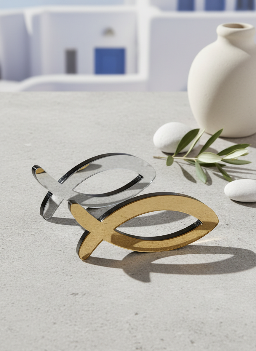 Χρυσό και ασημί επιτραπέζιο ψάρι από πλεξιγκλάς σε κυκλαδίτικο σκηνικό πάνω σε λευκή επιφάνεια