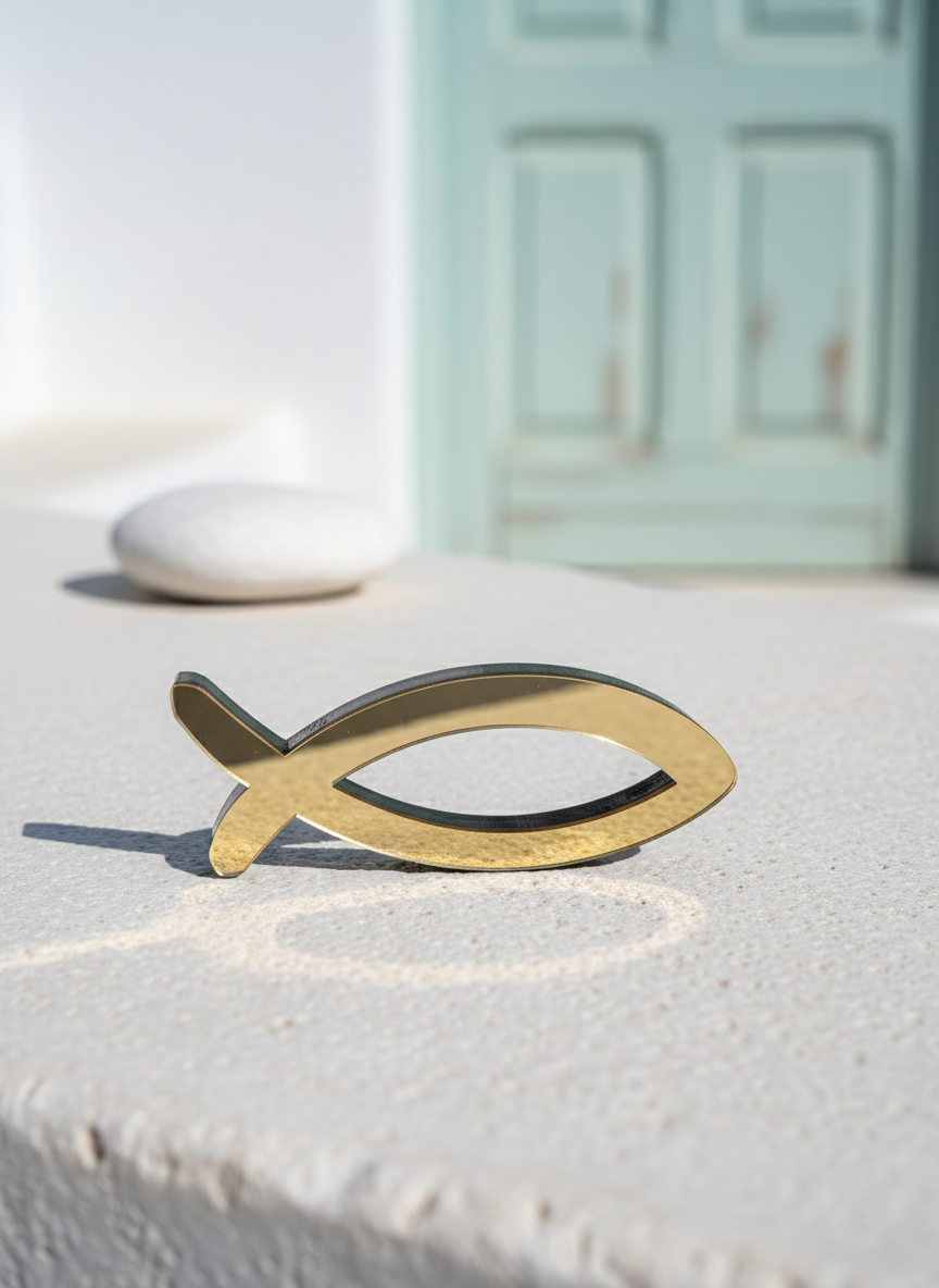 Χρυσό επιτραπέζιο ψάρι από πλεξιγκλάς σε κυκλαδίτικο σκηνικό με λευκούς τοίχους και κλαδάκι ελιάς