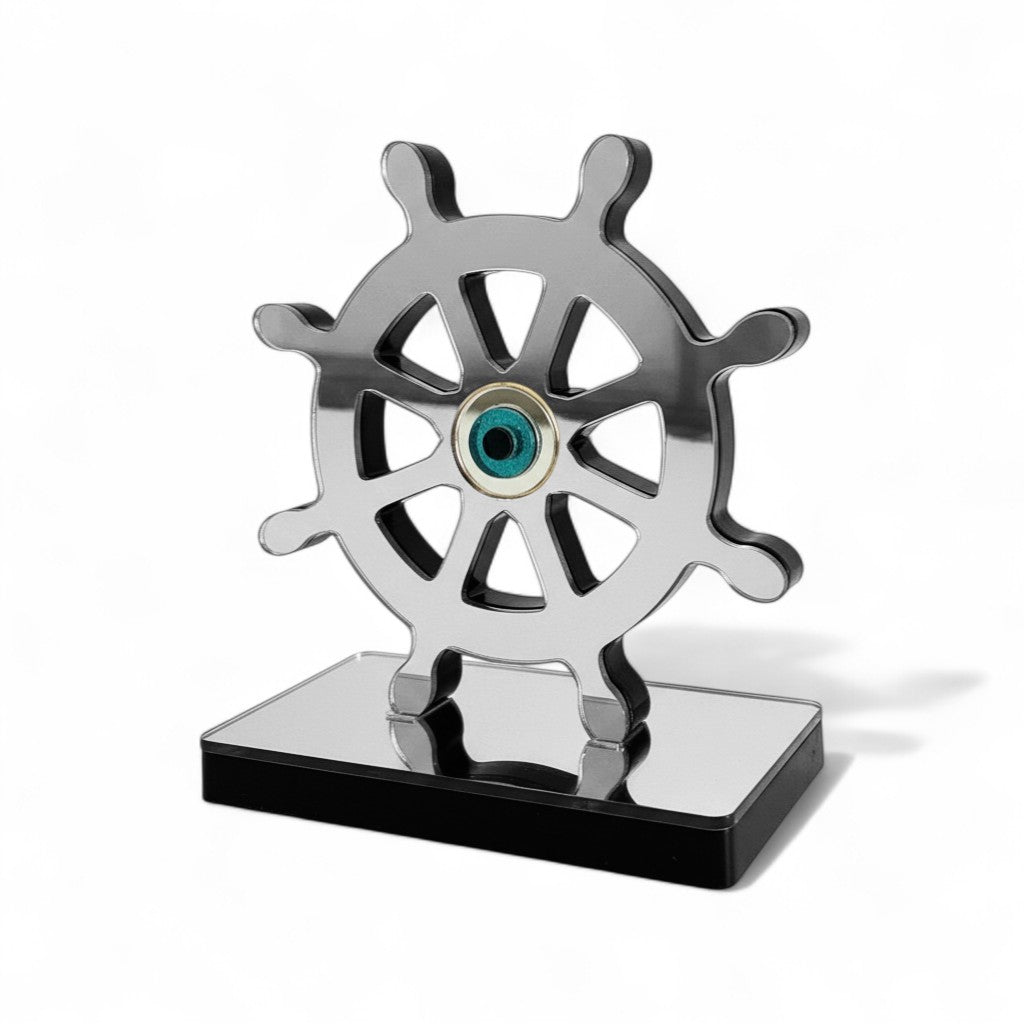 Χειροποίητο γούρι τιμόνι πλοίου με μάτι από πλεξιγκλάς καθρέφτη σε χρυσό ή ασημί, επιτραπέζιο διακοσμητικό So Cute by Dimi.