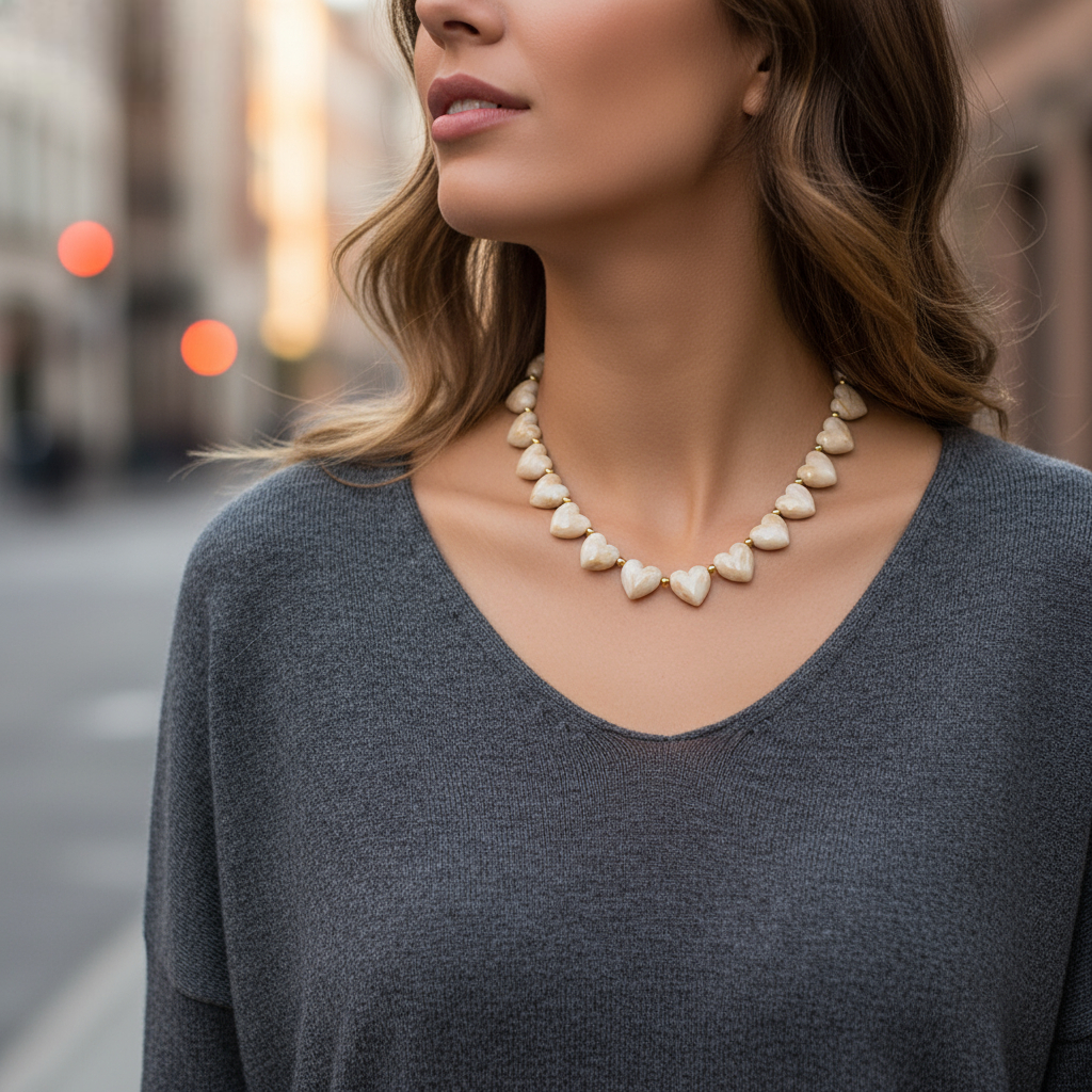 ατσάλινο κολιέ με καρδιές σε αποχρώσεις olive, amber και ivory – Marbella Hearts Necklace So Cute by Dimi