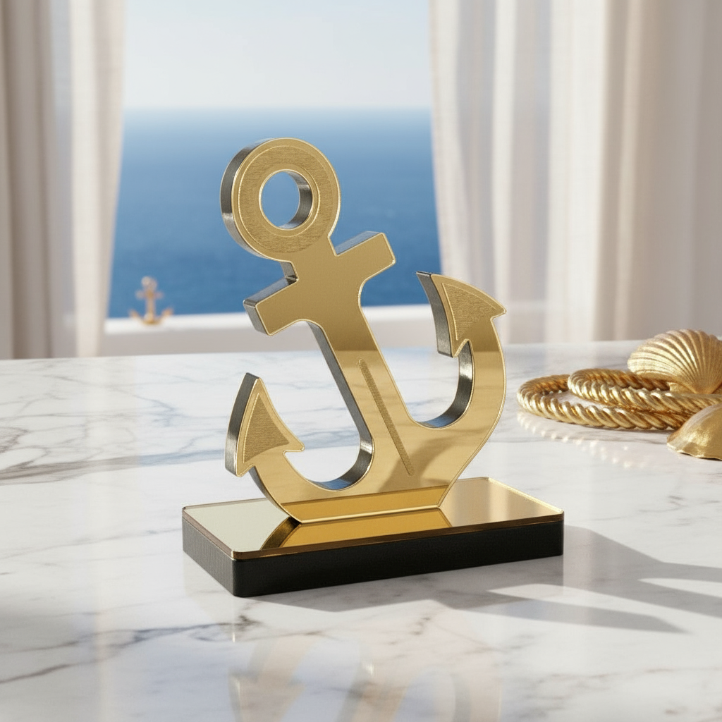 Χειροποίητο γούρι άγκυρα από πλεξιγκλάς καθρέφτη σε χρυσό ή ασημί, επιτραπέζιο διακοσμητικό So Cute by Dimi.