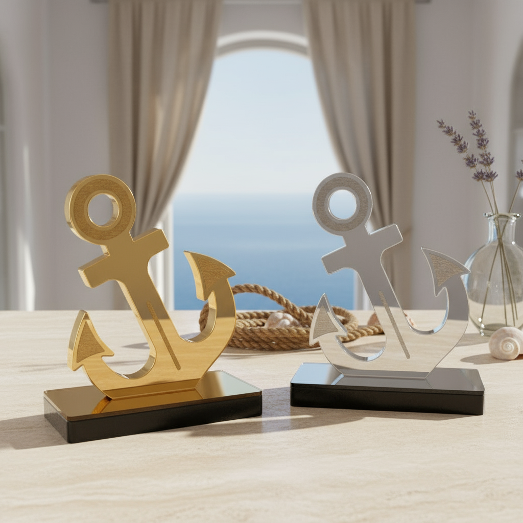 Χειροποίητο γούρι άγκυρα από πλεξιγκλάς καθρέφτη σε χρυσό ή ασημί, επιτραπέζιο διακοσμητικό So Cute by Dimi.