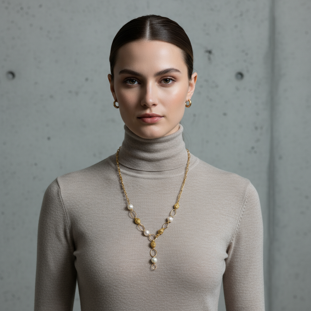 Elara Necklace – Ατσάλινο Κολιέ Τύπου Υ με Πέρλες & Ανάγλυφα Κρίκους | So Cute by Dimi