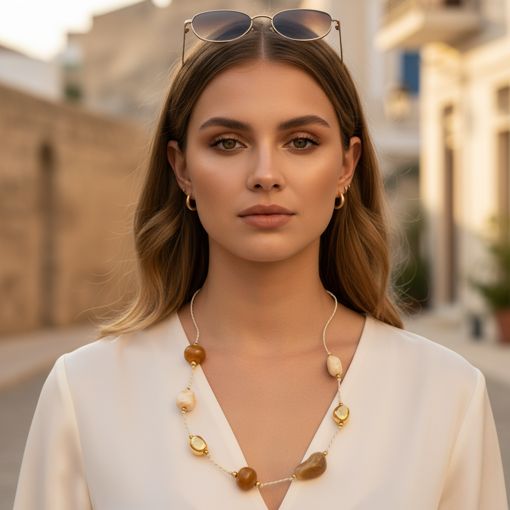 Μακρύ κολιέ με κορδόνι, χάντρες πέτρας και ατσάλινα μεταλλικά στοιχεία – So Cute by Dimi