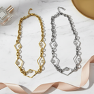 Rhombus Glow Necklace – Ατσάλινο κολιέ με ρομβοειδείς συνδέσμους και ζιργκόν σε ασημί και χρυσό, So Cute by Dimi