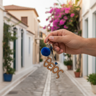 Ξύλινο χειροποίητο μπρελόκ «Θείος» με μπλε πον πον και γκλίτερ καρδούλα – So Cute by Dimi